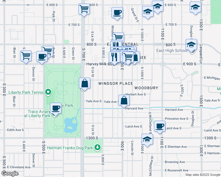 map of restaurants, bars, coffee shops, grocery stores, and more near 998 Windsor Street in Salt Lake City