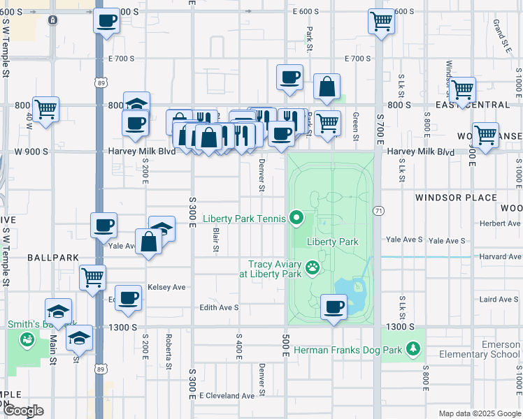 map of restaurants, bars, coffee shops, grocery stores, and more near 418 Williams Avenue South in Salt Lake City