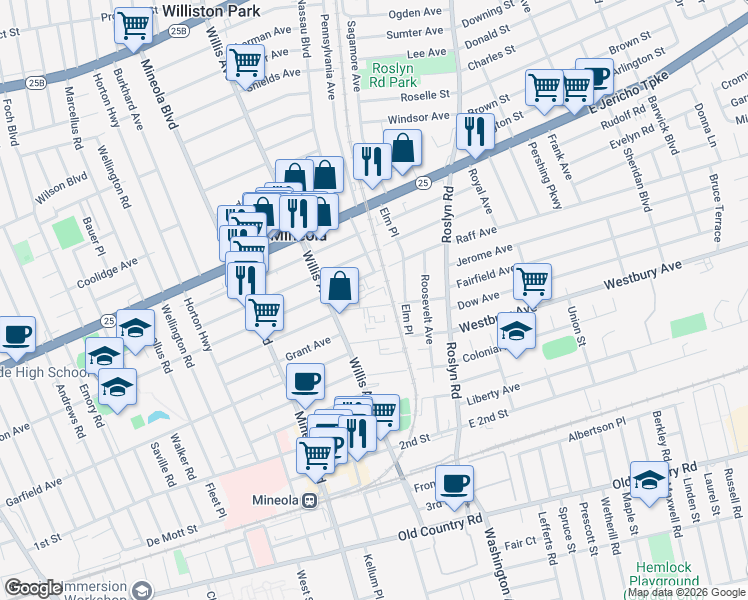 map of restaurants, bars, coffee shops, grocery stores, and more near 101 Jackson Avenue in Mineola