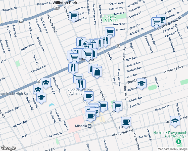 map of restaurants, bars, coffee shops, grocery stores, and more near in Mineola