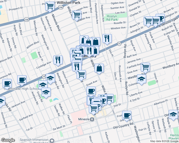 map of restaurants, bars, coffee shops, grocery stores, and more near 157 Jefferson Avenue in Mineola