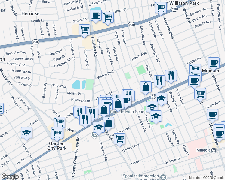 map of restaurants, bars, coffee shops, grocery stores, and more near 346 Latham Road in Mineola