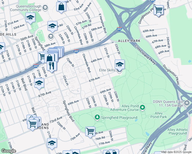 map of restaurants, bars, coffee shops, grocery stores, and more near 64-56 228th Street in Queens