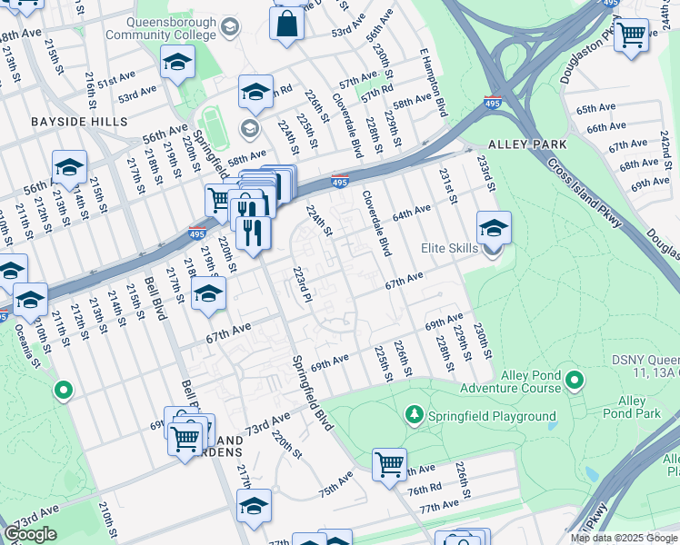 map of restaurants, bars, coffee shops, grocery stores, and more near 64-39 224 Street in Queens