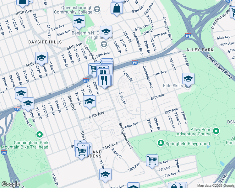 map of restaurants, bars, coffee shops, grocery stores, and more near 221-22 64th Avenue in Queens