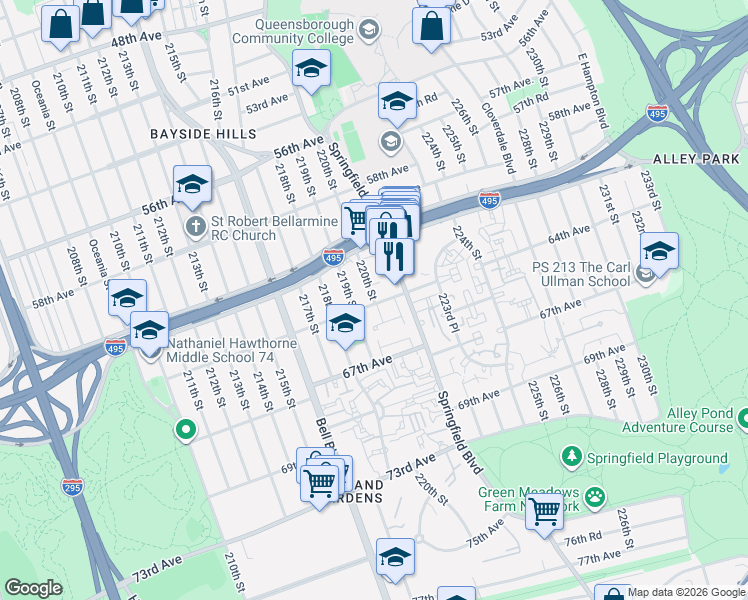 map of restaurants, bars, coffee shops, grocery stores, and more near in Queens