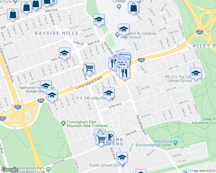 map of restaurants, bars, coffee shops, grocery stores, and more near 61-33 219th Street in Queens