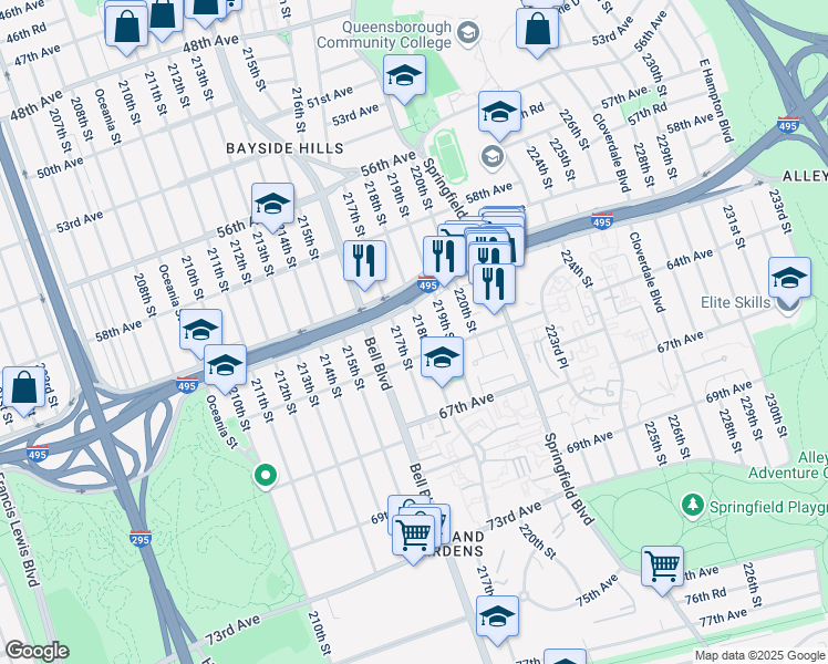 map of restaurants, bars, coffee shops, grocery stores, and more near 61-10 218th Street in Queens