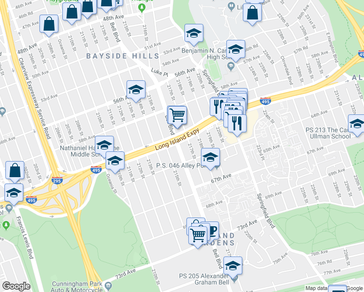map of restaurants, bars, coffee shops, grocery stores, and more near in Queens
