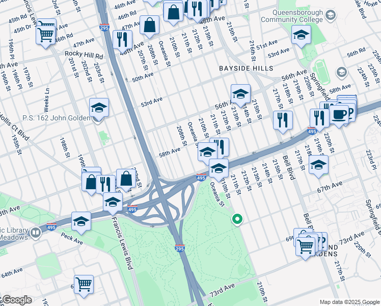 map of restaurants, bars, coffee shops, grocery stores, and more near 58-7 Oceania Street in Queens