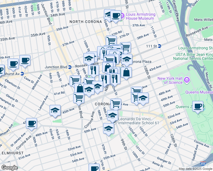 map of restaurants, bars, coffee shops, grocery stores, and more near 99-19 42nd Avenue in Queens