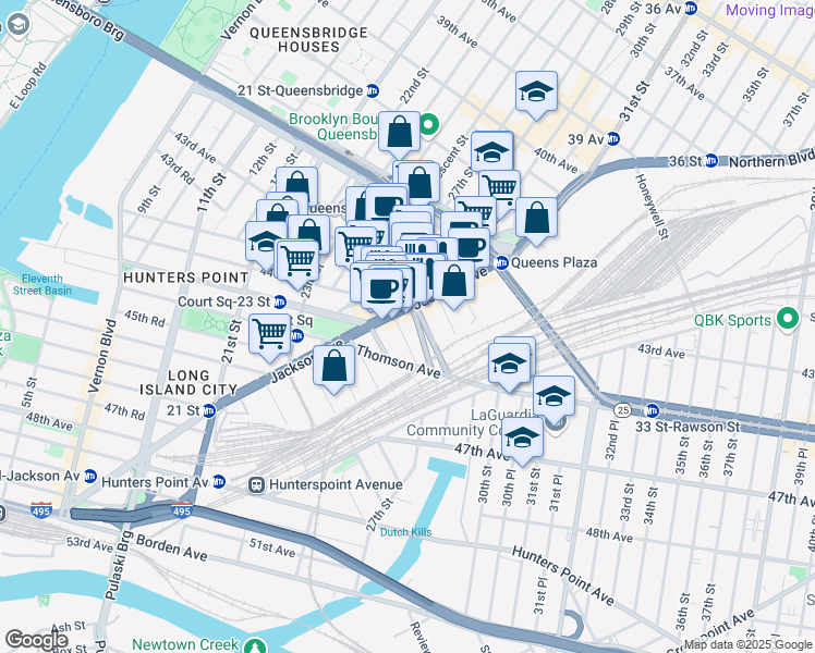 map of restaurants, bars, coffee shops, grocery stores, and more near 26-36 Jackson Avenue in Queens