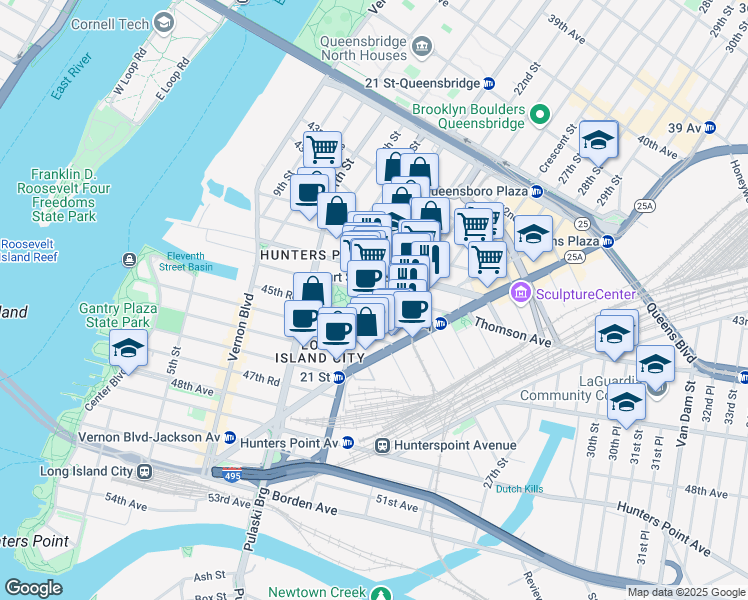 map of restaurants, bars, coffee shops, grocery stores, and more near 44-66 21st Street in Queens
