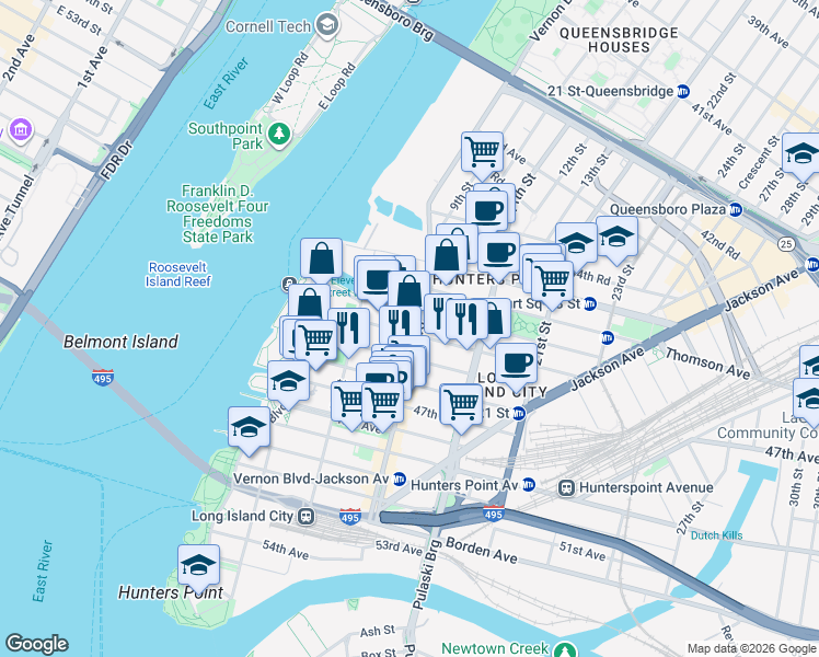 map of restaurants, bars, coffee shops, grocery stores, and more near 45-40 Vernon Boulevard in Queens
