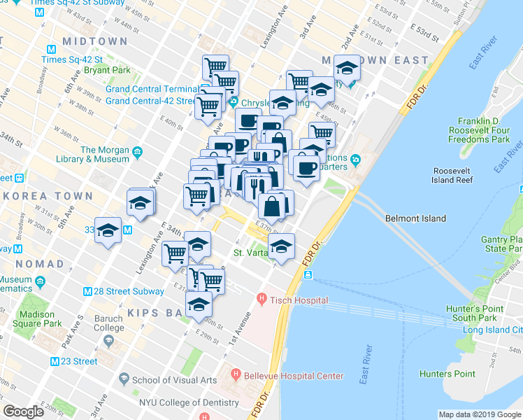map of restaurants, bars, coffee shops, grocery stores, and more near in New York