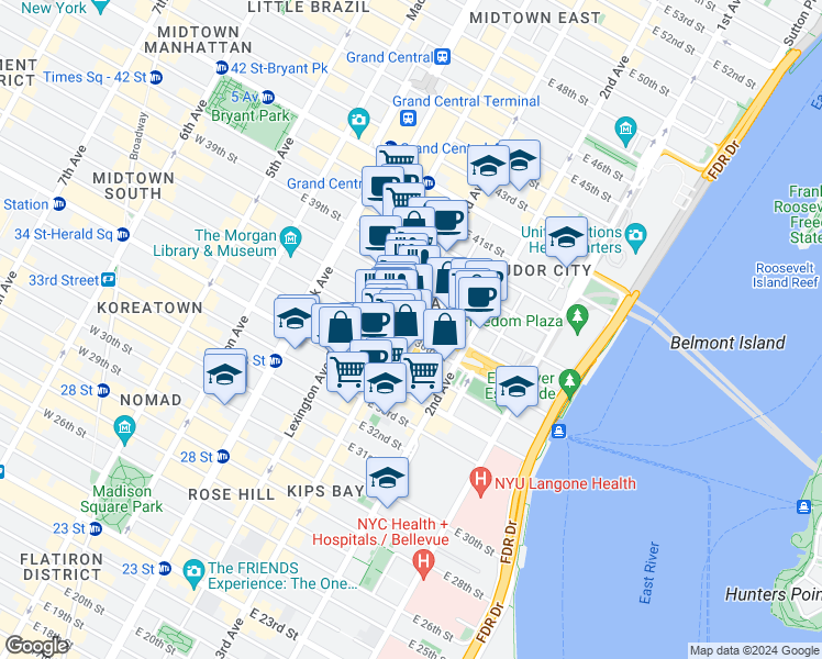 map of restaurants, bars, coffee shops, grocery stores, and more near 162 East 36th Street in New York