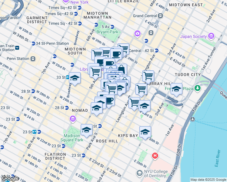 map of restaurants, bars, coffee shops, grocery stores, and more near 3 Park Avenue in New York