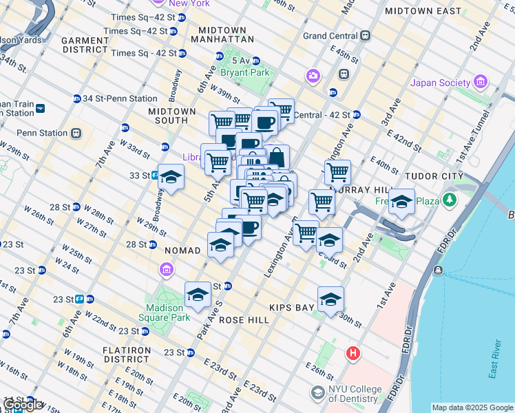 map of restaurants, bars, coffee shops, grocery stores, and more near 3 Park Avenue in New York