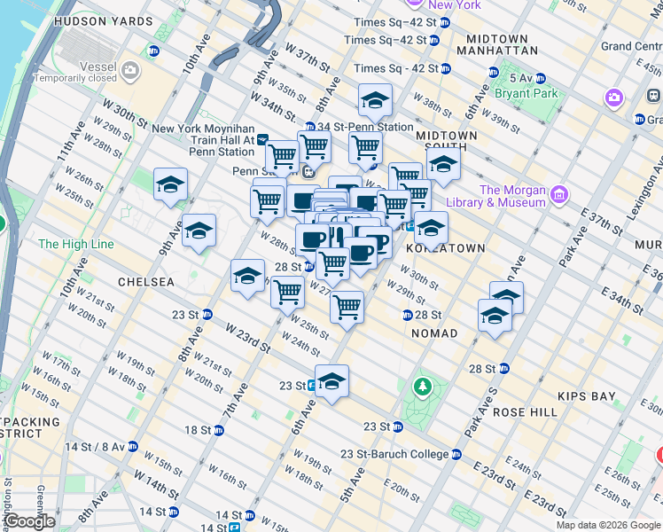 map of restaurants, bars, coffee shops, grocery stores, and more near 145 West 28th Street in New York