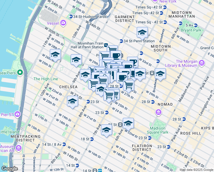 map of restaurants, bars, coffee shops, grocery stores, and more near 235 West 28th Street in New York