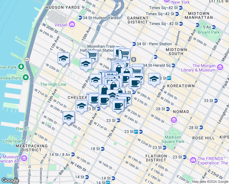 map of restaurants, bars, coffee shops, grocery stores, and more near in New York