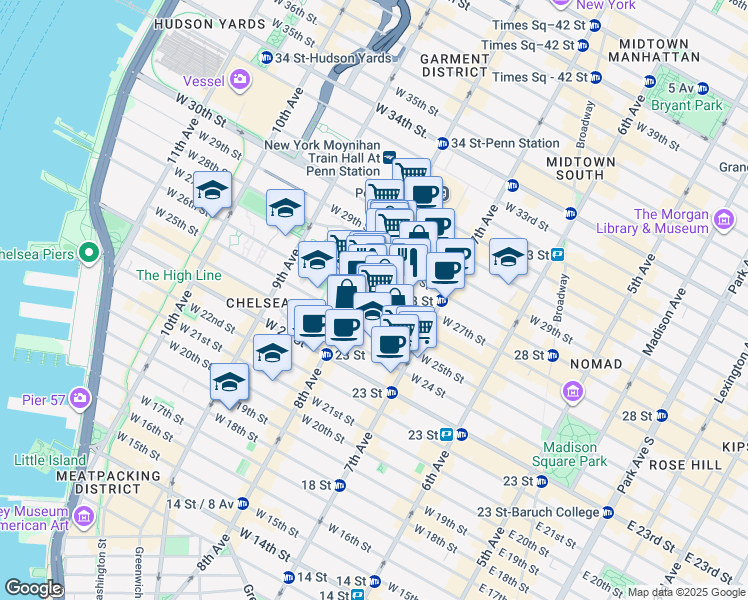 map of restaurants, bars, coffee shops, grocery stores, and more near in New York