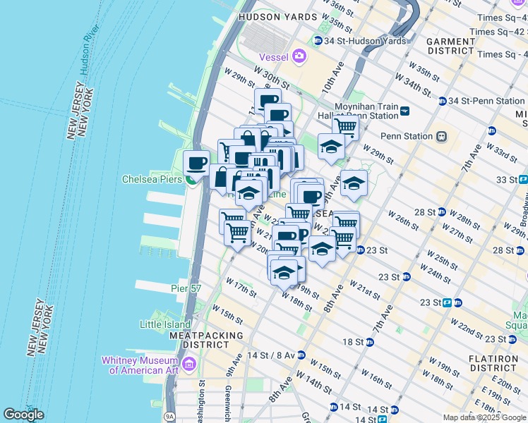 map of restaurants, bars, coffee shops, grocery stores, and more near in New York