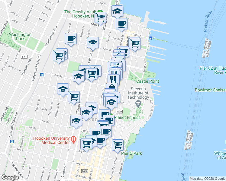 map of restaurants, bars, coffee shops, grocery stores, and more near 902 Washington Street in Hoboken