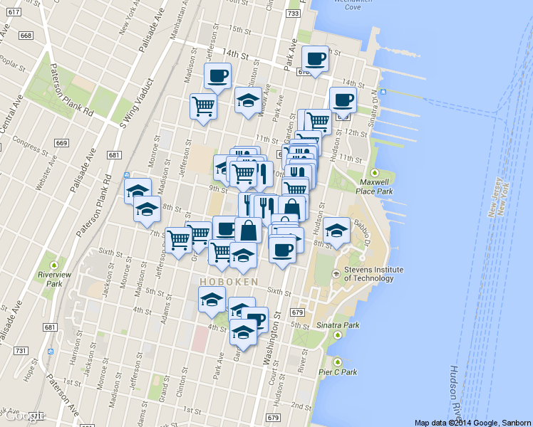 map of restaurants, bars, coffee shops, grocery stores, and more near 167 9th Street in Hoboken