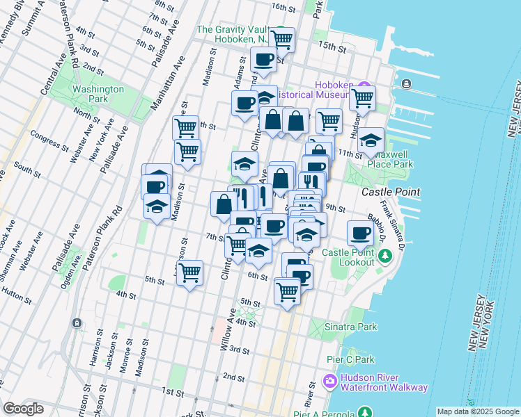 map of restaurants, bars, coffee shops, grocery stores, and more near 836 Park Avenue in Hoboken