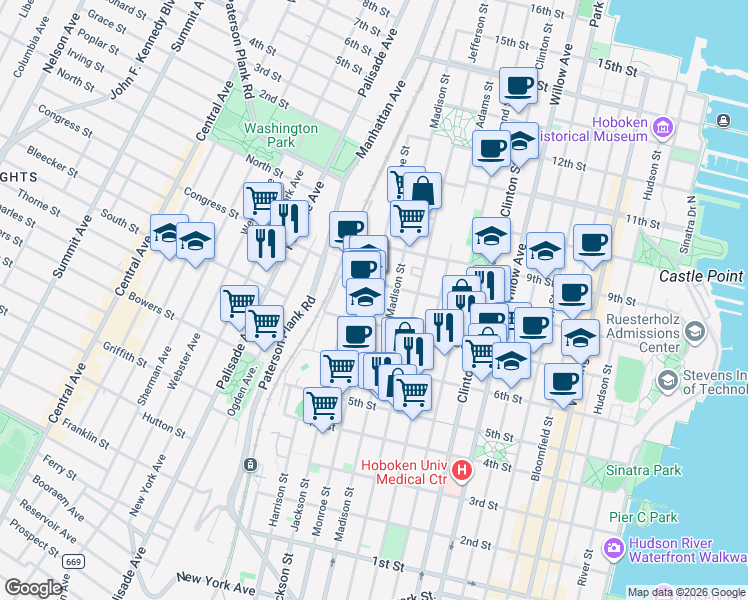 map of restaurants, bars, coffee shops, grocery stores, and more near 716-32 Madison Street in Hoboken