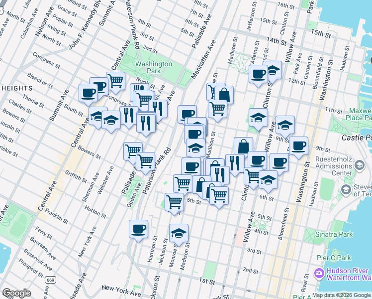 map of restaurants, bars, coffee shops, grocery stores, and more near 770 Jackson Street in Hoboken