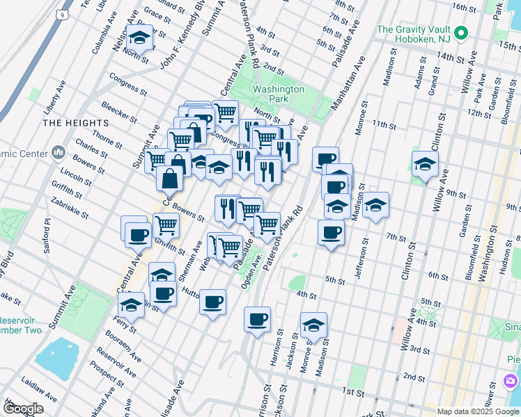 map of restaurants, bars, coffee shops, grocery stores, and more near 338 New York Avenue in Jersey City