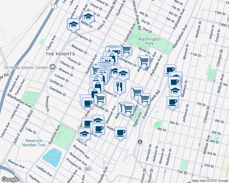 map of restaurants, bars, coffee shops, grocery stores, and more near 146 Hancock Avenue in Jersey City