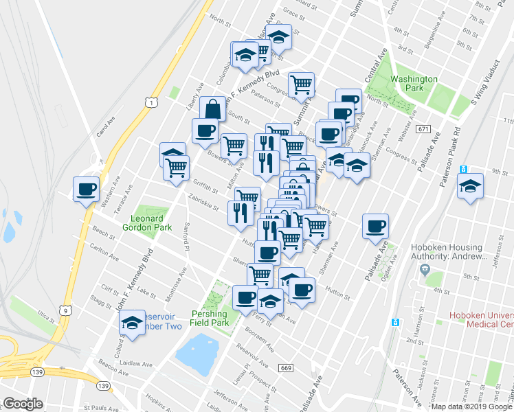 map of restaurants, bars, coffee shops, grocery stores, and more near 65 Lincoln Street in Jersey City