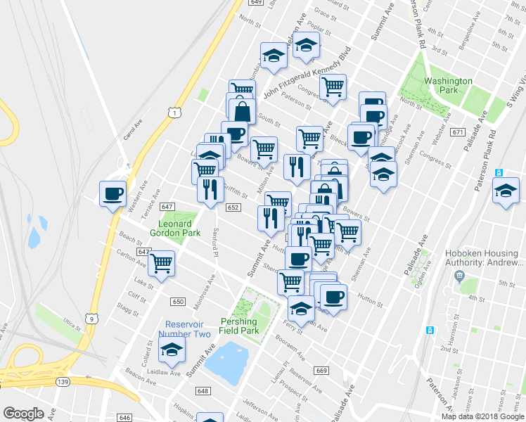map of restaurants, bars, coffee shops, grocery stores, and more near 247 Griffith Street in Jersey City