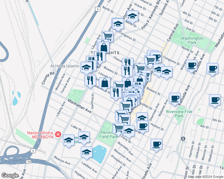 map of restaurants, bars, coffee shops, grocery stores, and more near 247 Griffith Street in Jersey City