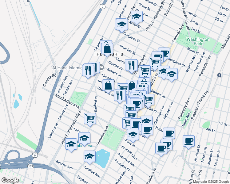 map of restaurants, bars, coffee shops, grocery stores, and more near 247 Griffith Street in Jersey City