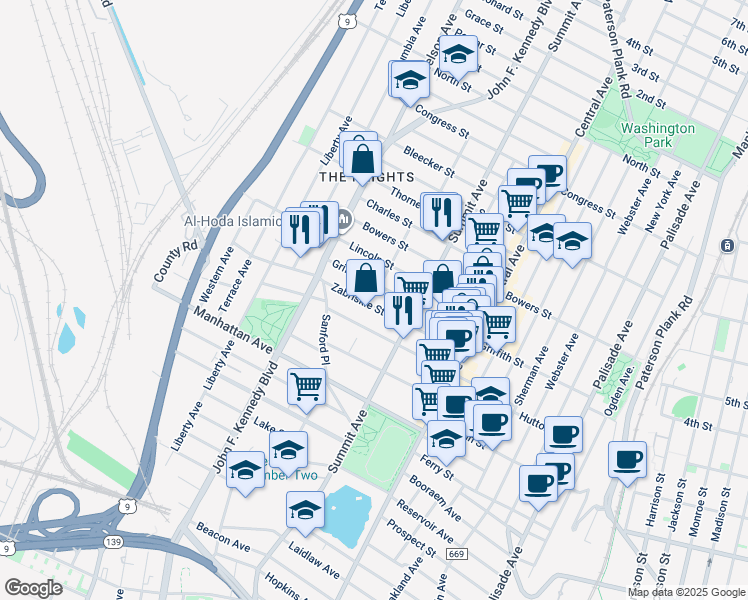 map of restaurants, bars, coffee shops, grocery stores, and more near 247 Griffith Street in Jersey City