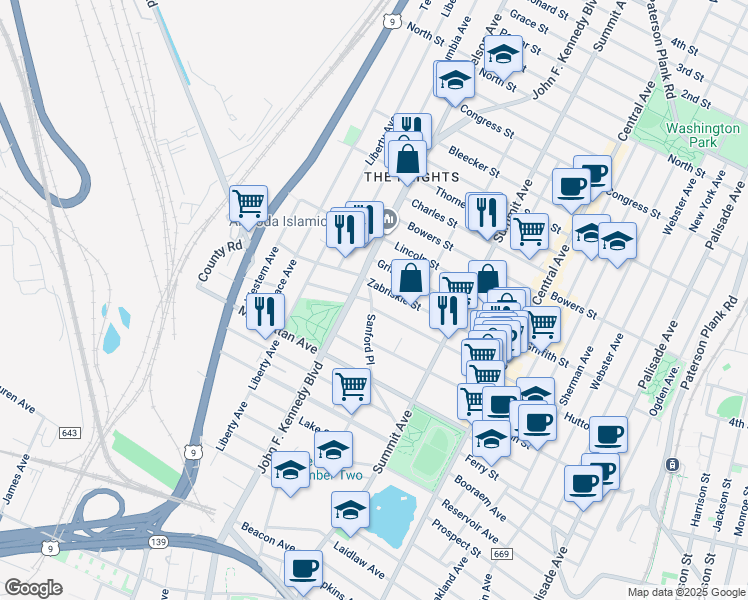 map of restaurants, bars, coffee shops, grocery stores, and more near 124 Zabriskie Street in Jersey City