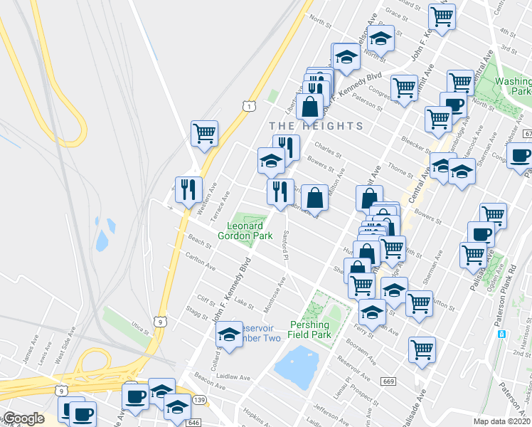 map of restaurants, bars, coffee shops, grocery stores, and more near 3371 John F. Kennedy Boulevard in Union City