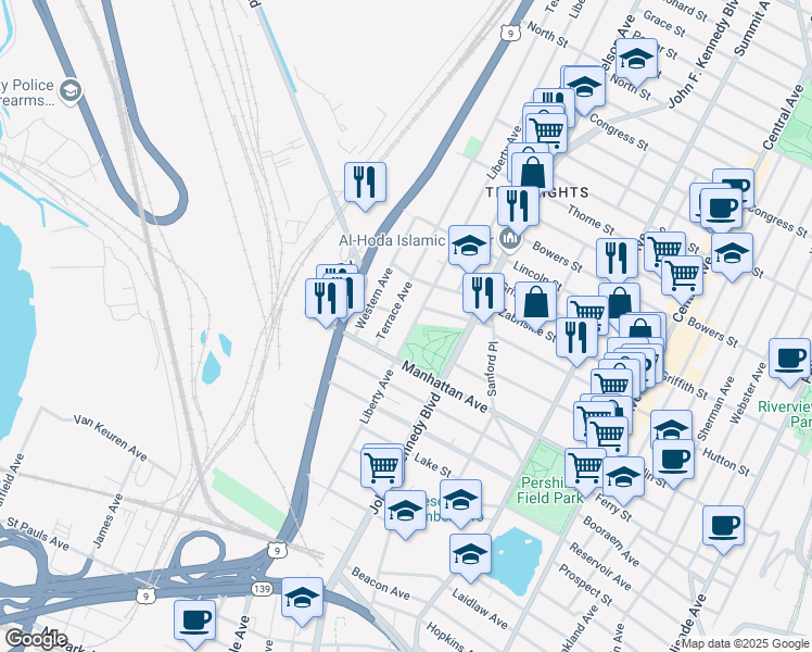 map of restaurants, bars, coffee shops, grocery stores, and more near 40 County Road 649 in Jersey City