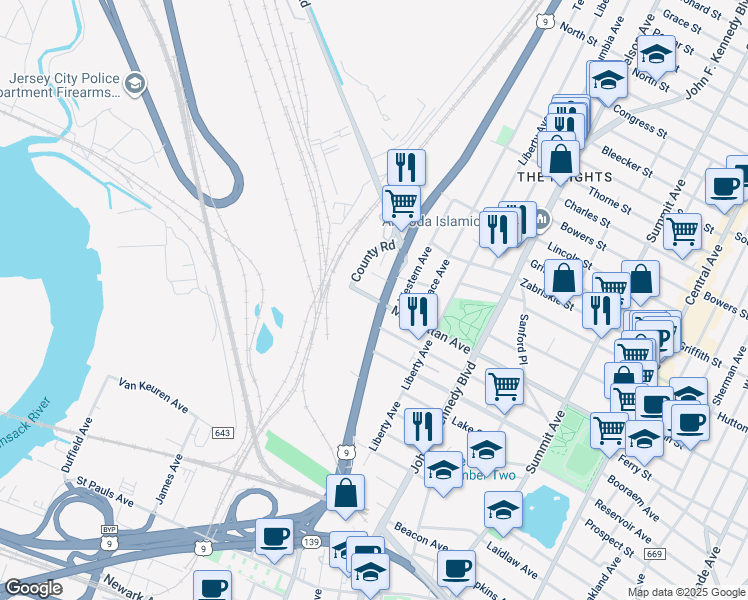 map of restaurants, bars, coffee shops, grocery stores, and more near 316 Manhattan Avenue in Jersey City