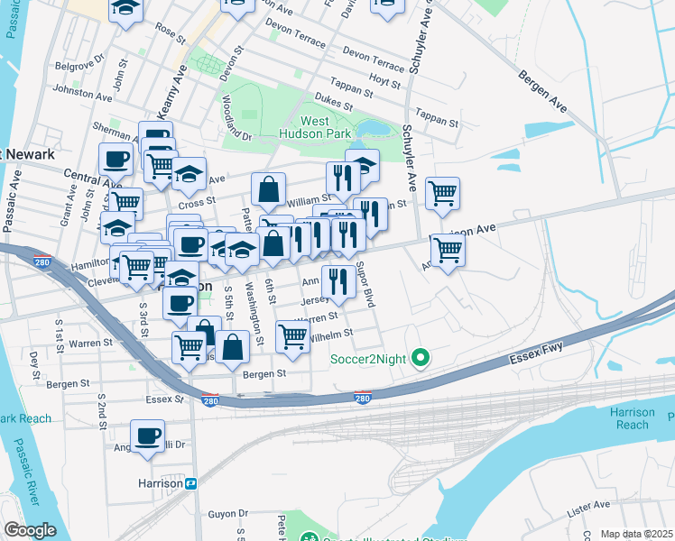 map of restaurants, bars, coffee shops, grocery stores, and more near 728 Harrison Avenue in Harrison