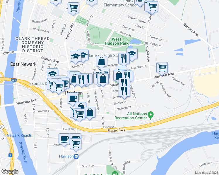 map of restaurants, bars, coffee shops, grocery stores, and more near 612 Harrison Avenue in Harrison