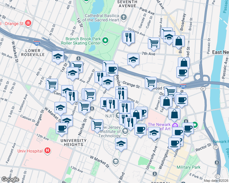 map of restaurants, bars, coffee shops, grocery stores, and more near 36 Nesbitt Street in Newark