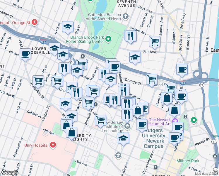 map of restaurants, bars, coffee shops, grocery stores, and more near 35 Newark Street in Newark