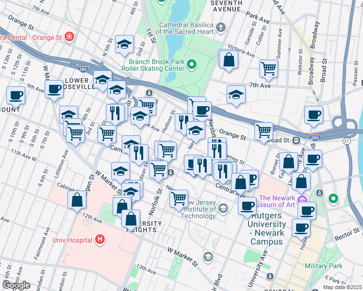 map of restaurants, bars, coffee shops, grocery stores, and more near 169 Sussex Avenue in Newark