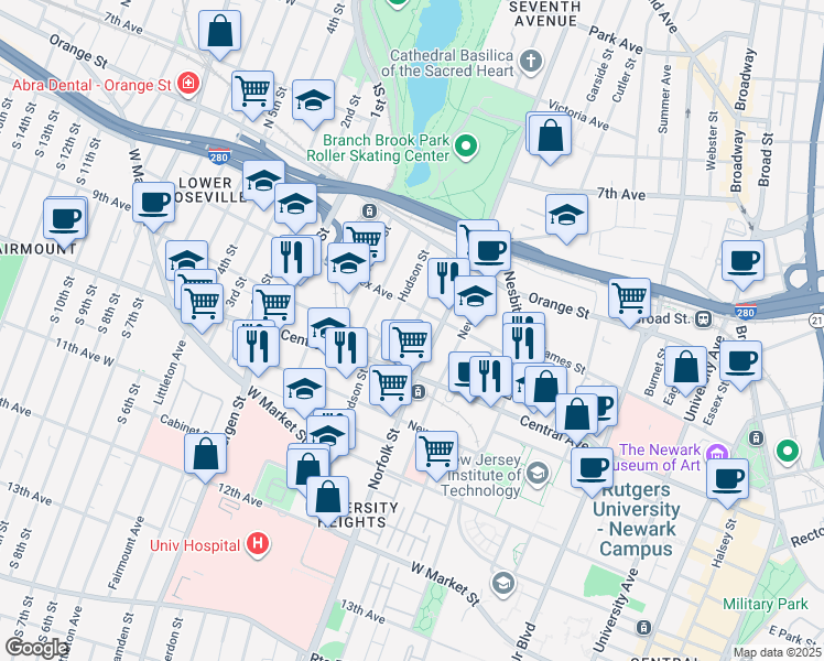 map of restaurants, bars, coffee shops, grocery stores, and more near 67 Hudson Street in Newark