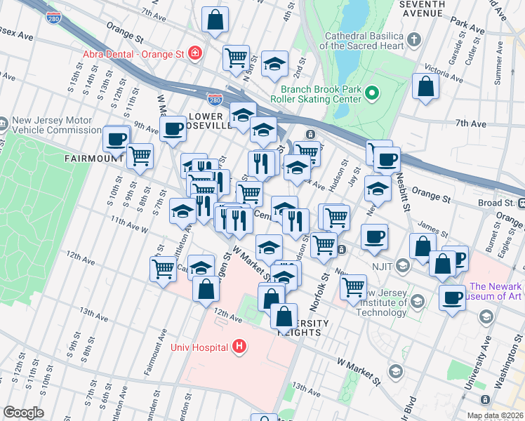 map of restaurants, bars, coffee shops, grocery stores, and more near 393 Central Avenue in Newark